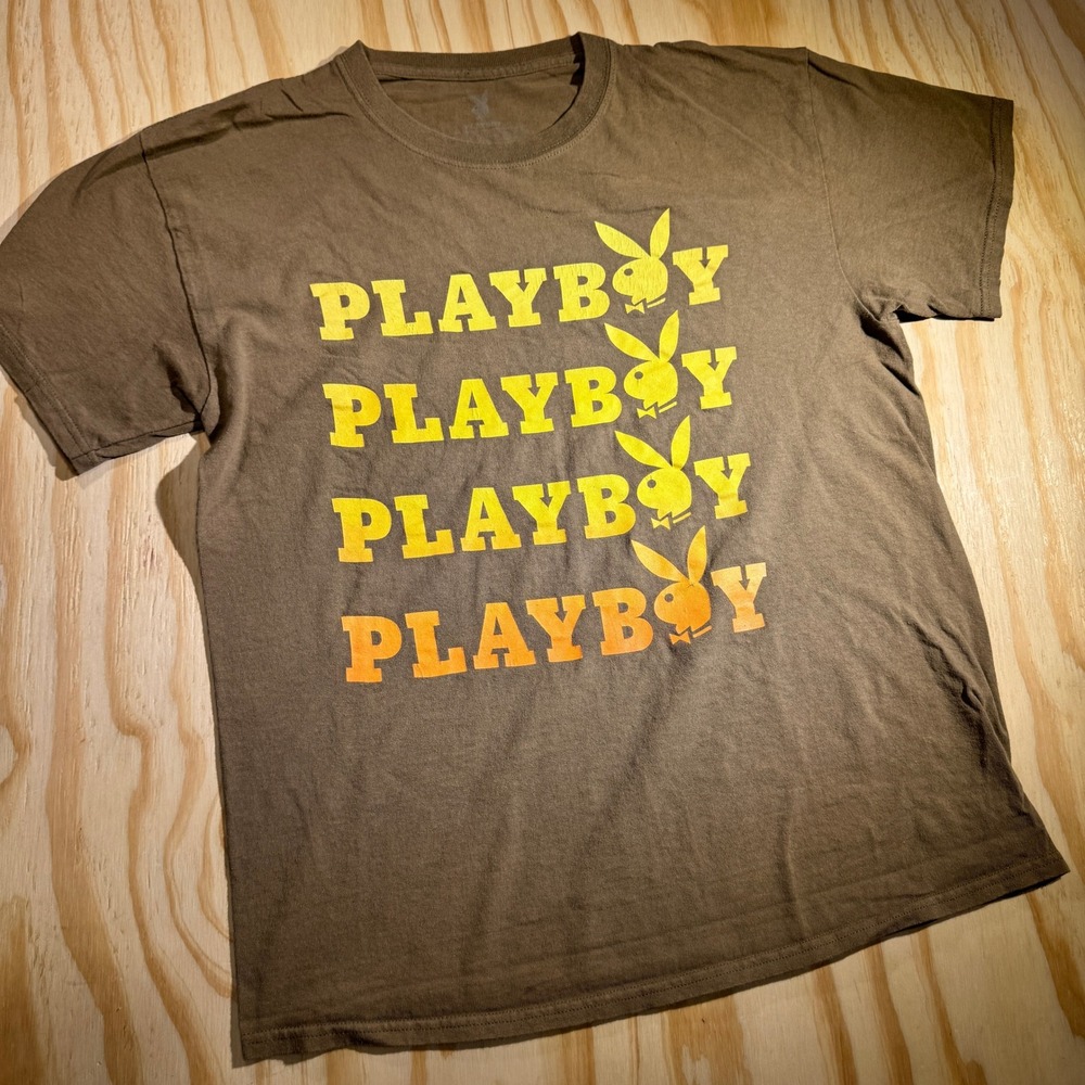Playboy Men's Repeat Logo Graphic Tee Brown‎ Yellow Orange Size Large